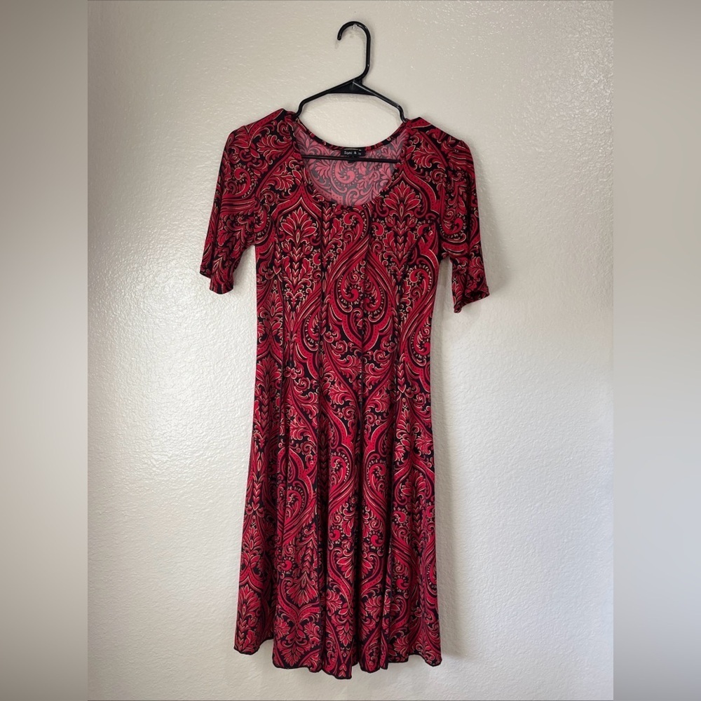Sami & Jo Red Black Floral Paisley Midi Dress Sz S Short Sleeve Formal prom Chic